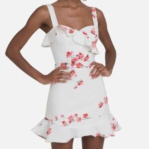 Black Halo Zelda Mini Dress Size 6 White Pink Floral Ruffle Flounce Hem